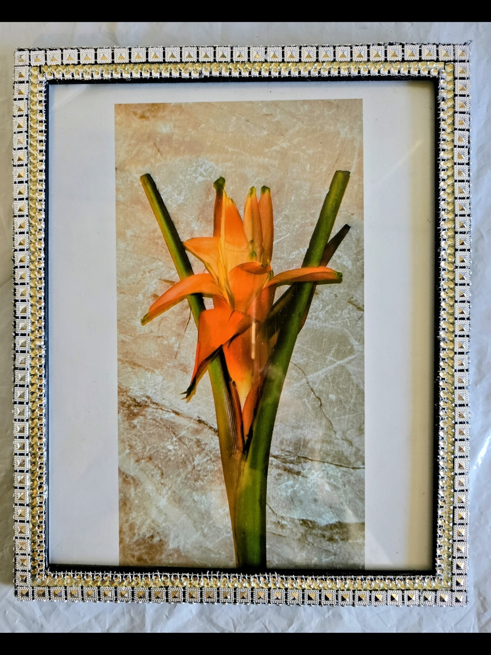 Framed Orange Floral Art Print with Beaded Silver Frame New 8x10 Handmade
